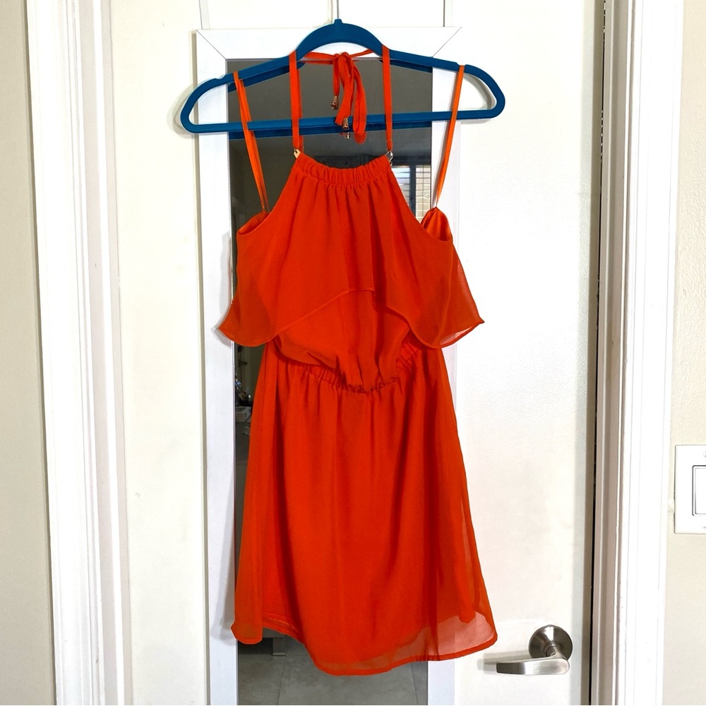 Bebe Bright Orange Party Halter Silky Cocktail Dress